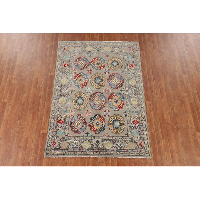 Geometric Grey Kazak Oriental Area Rug Handmade Wool Carpet - 4'10" x 6'11"