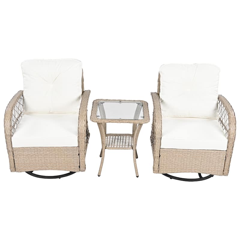 3-piece Outdoor Chair&Table Set 2-person Rattan Seating Group with Two Swiveling and Rocking Chairs and a Square Table