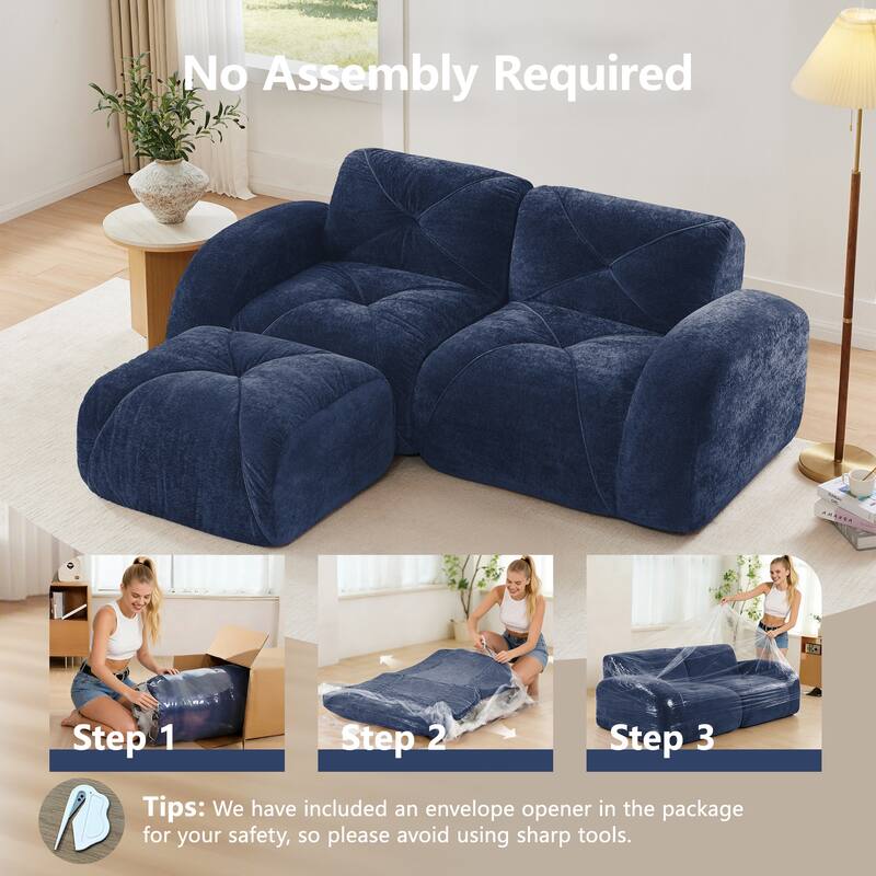 Rossetta 80'' Ergonomic Design Soft Velvet L-Shaped Boneless Sofa with 1 Movable Ottoman