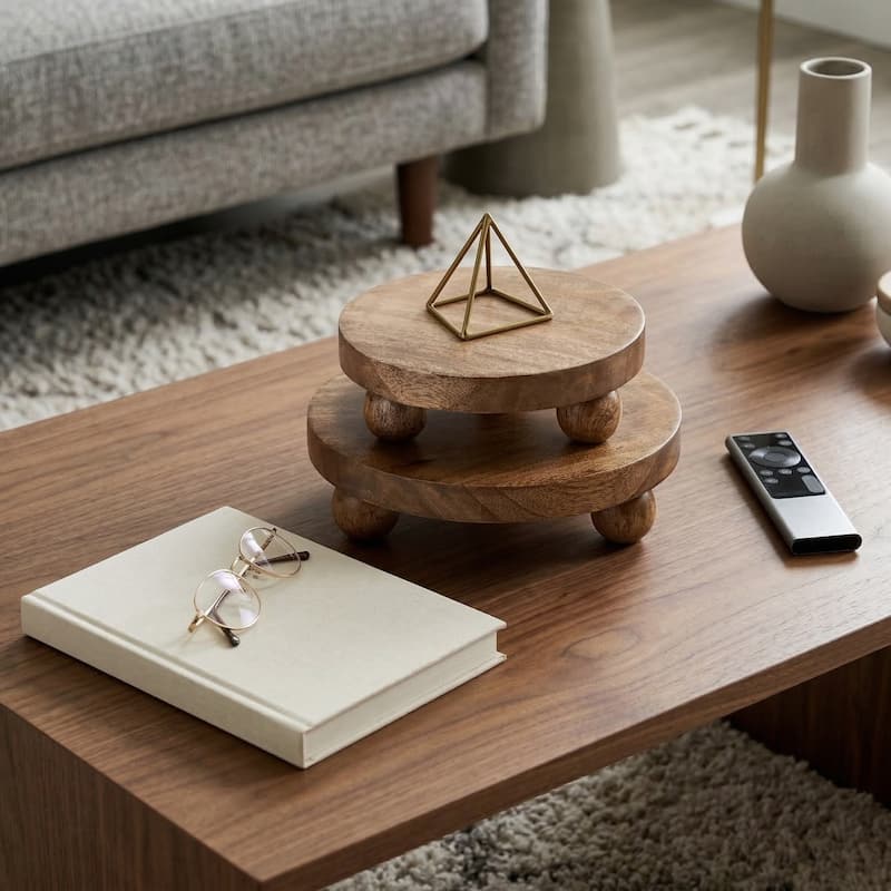 Decorative Round Wood Riser Trays - Set of 2, 10", 8"