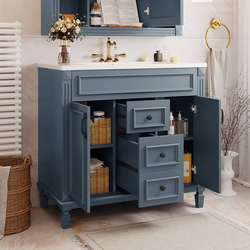 36'' Bathroom Wood Storage Vanity Cabinet with Ceramic Sink, Drawers - Blue