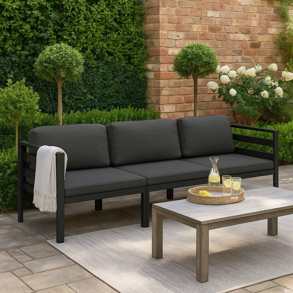 Shina 3pc Outdoor Modular Sofa Set, Black Metal, Dark Gray Cushions