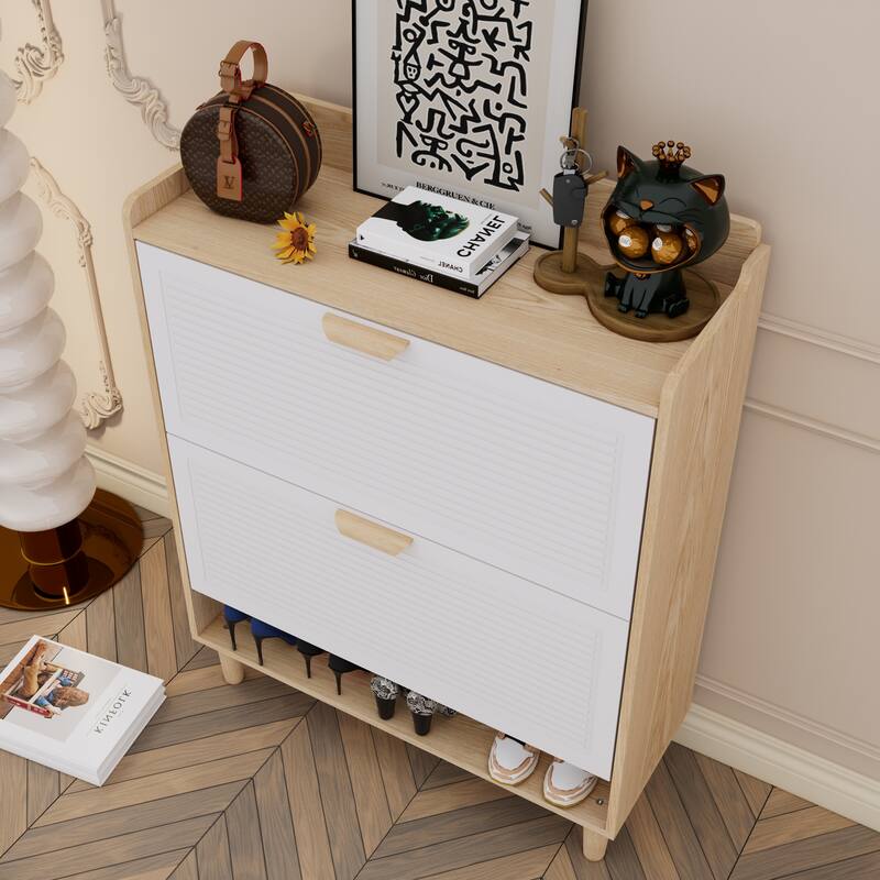 Narrow Shoe Cabinet with 2 Flip Drawers, Freestanding Storage Organizer, Shoe Rack with Solid Wood Legs for Entryway