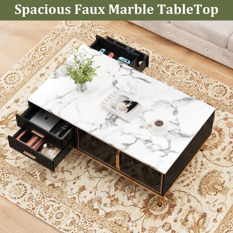 Minimalist Coffee Table with Faux Marble Surface, Glass Storage Doors