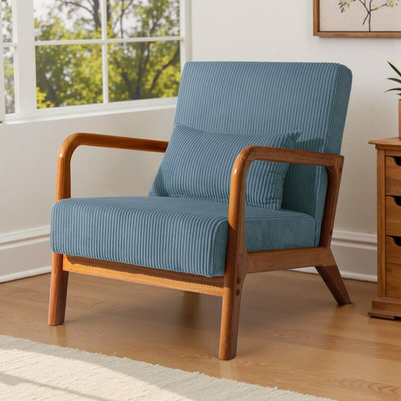 Mid-Century Upholstered Accent Chair with Wood Frame - Brown Frame - Blue