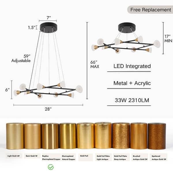 Modern Contemporary 10-Light LED Black Gold Chandelier Pendant Lights for Dining Room - 28" D x 6" H