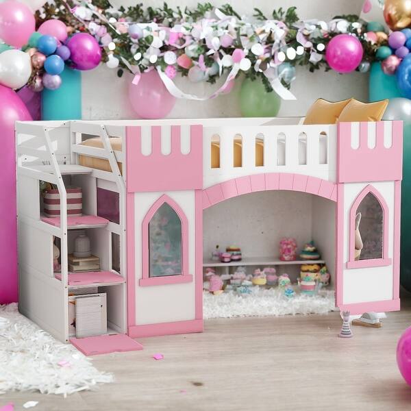 slide 2 of 16, Twin Size Castles Shaped Loft Bed with Storage Staircase, Wooden Kids Bed Frame with Play Space and Window for Bedroom, Pink Pink