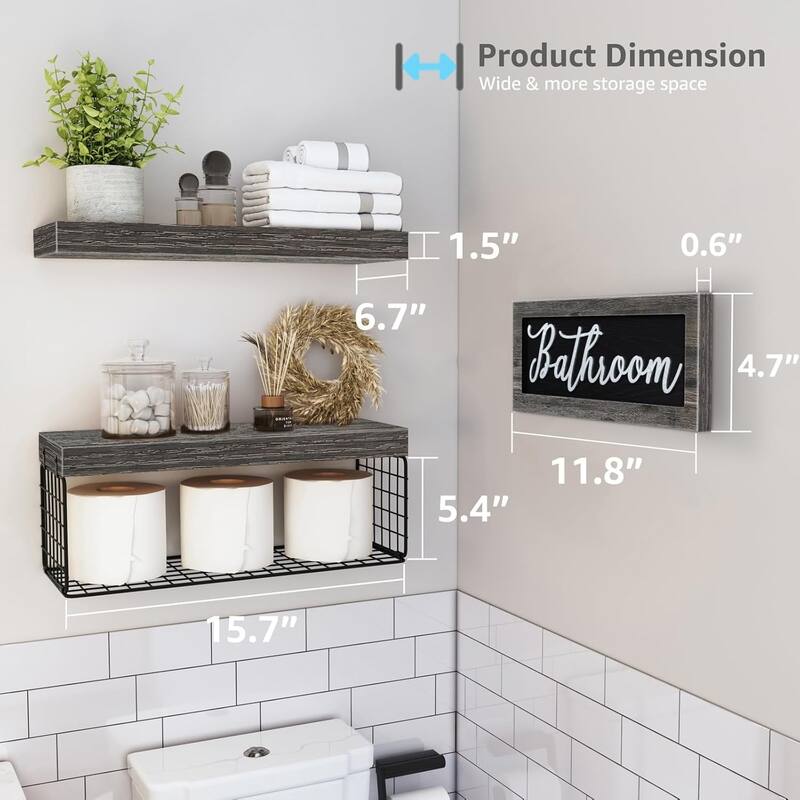 Toilet Bathroom Shelves - Paper Storage Wall Mount, Small Floating Shelves 2+1 Set