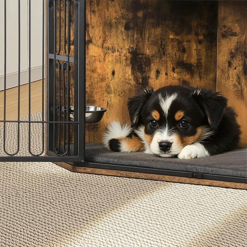 Corner Dog Crate Furniture, Wooden Dog Kennel Furniture End Table, Wood Pet House Dog Cage Crate