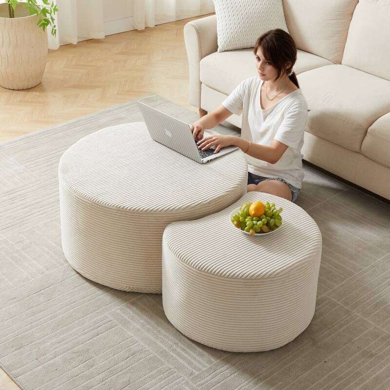 Roomfitters Nesting Ottoman Coffee Table Set of 2, Upholstered Round Foam Tables for Living Room