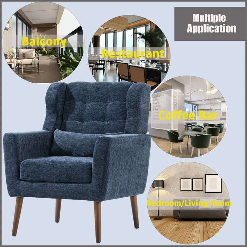 Modern Chenille Upholstered Armchair with Pillow and Solid Wood Leg