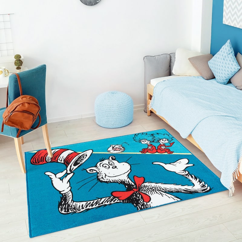 Licensed Dr Seuss Cat in the Hat Blue Red White Easy Care Non-Slip Soft Polyester Kids Rug 3x5 - 3' 4" x 4' 6"