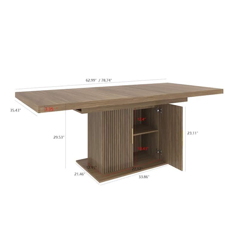Extendable Cabinet Dining Table with Storage, Wood Kitchen Table with Striped Cabinet, Waterproof Coffee Table