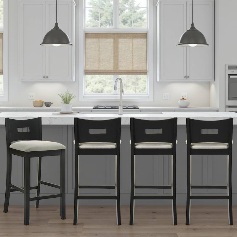 Ren Rubberword Bar Stool, Ivory Upholstered Counter Height Stool - Set of 4 - Fog/Matte Black - Counter Height