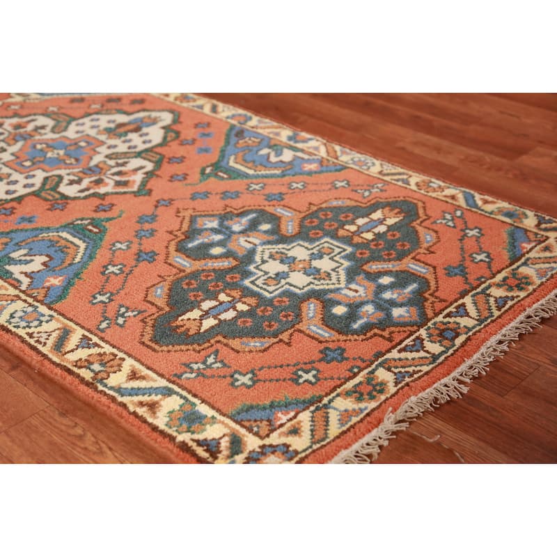 Hand Knotted Oriental 100% Wool Carpet Traditional Geometric Oranges & Rust Kazak Runner Rug - 9' 10'' X 2' 7''