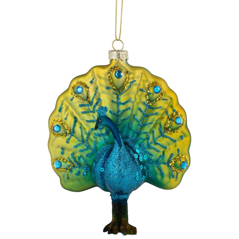 Standing Glittered Peacock Glass Christmas Ornament - 4.75" - Yellow and Blue
