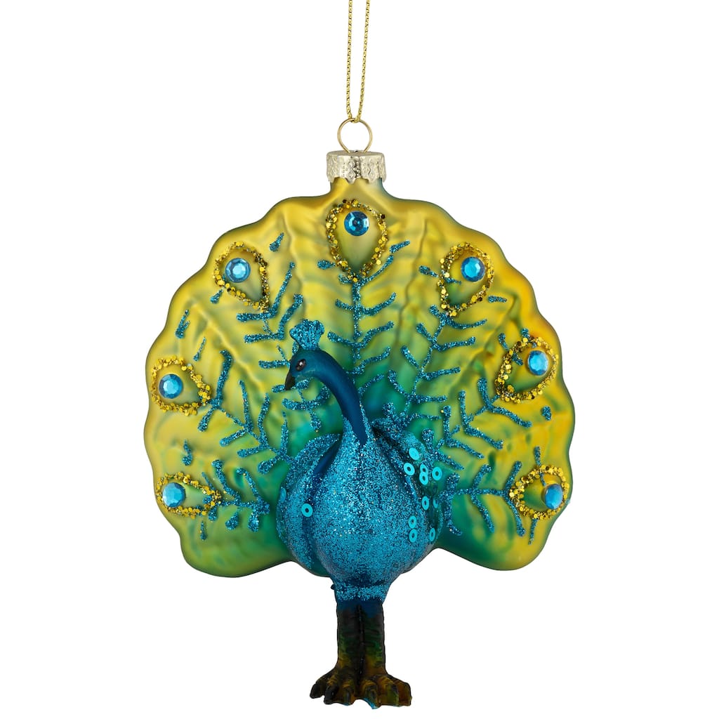 Standing Glittered Peacock Glass Christmas Ornament - 4.75" - Yellow and Blue