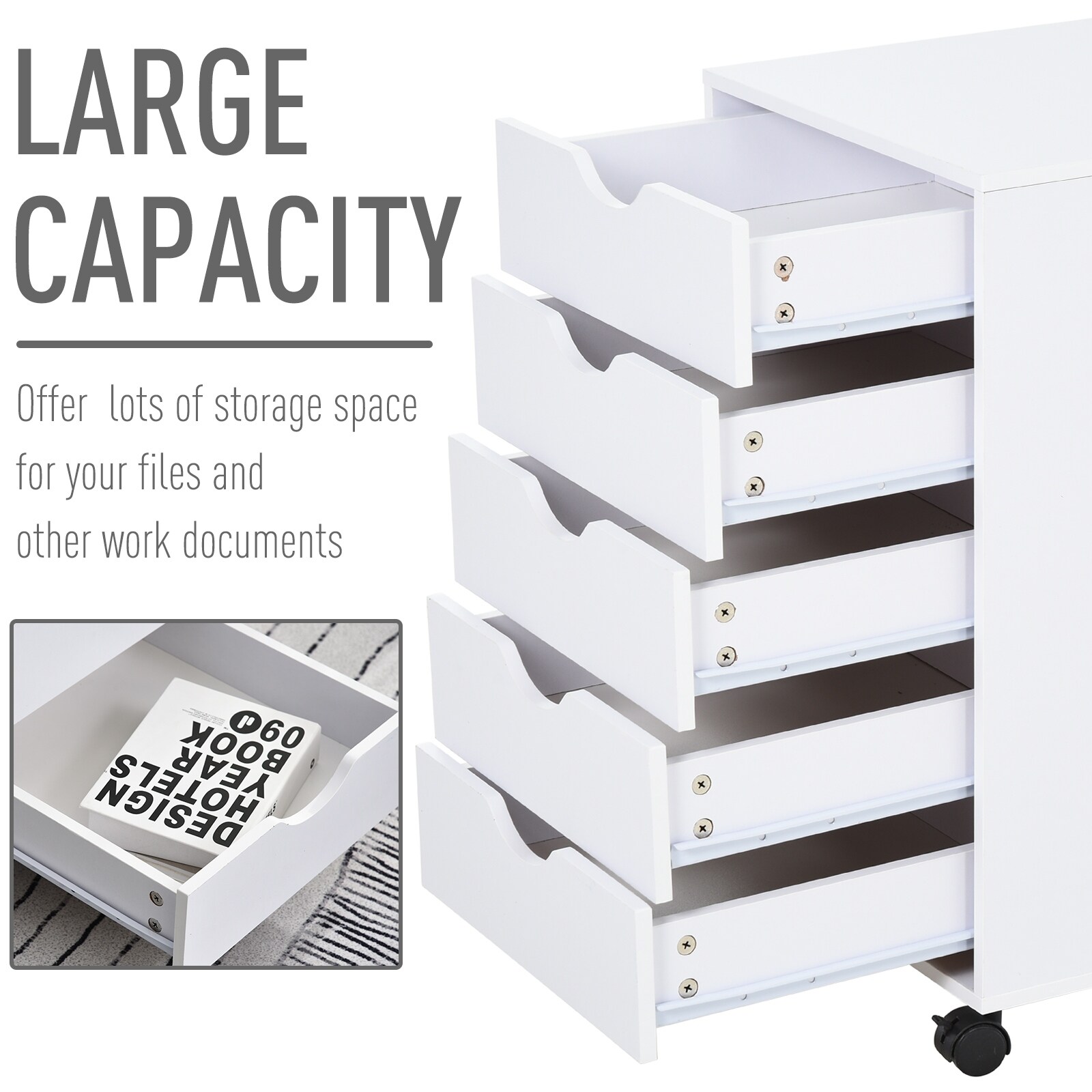 HOMCOM 5 Drawer File Cabinet Storage Organizer Filing Cabinet with Nordic Minimalist Modern Style & Wheels, Brown