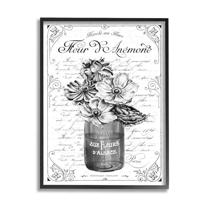 Stupell Anemone Flower French Text Fancy Floral Border Framed Wall Art, Design by Lettered and Lined - Grey - 16 x 20 - Black