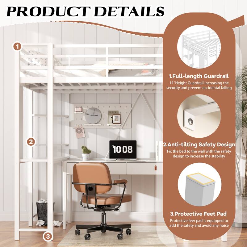 Futzca High Loft Bed Frame with Desk, Twin/Full Size Bunk Bed
