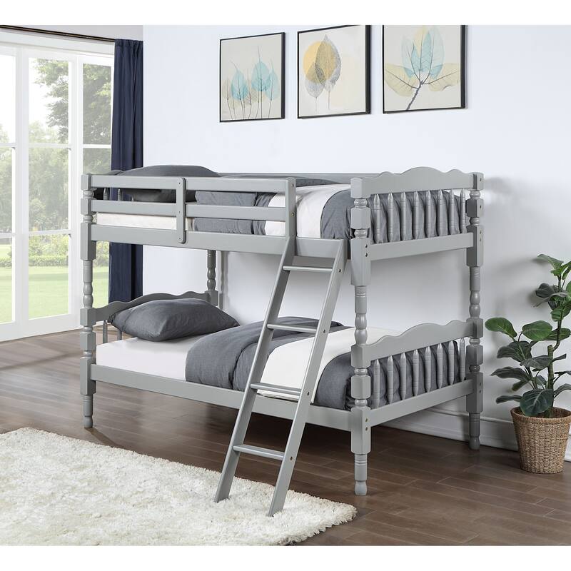 Twin over Twin Solid Wood Bunk Bed with Ladder & Fence - Gray