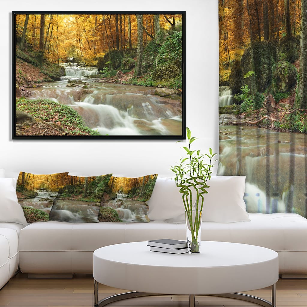 Designart "Forest Waterfall with Yellow Trees" Large Landscape Framed Canvas Art Print