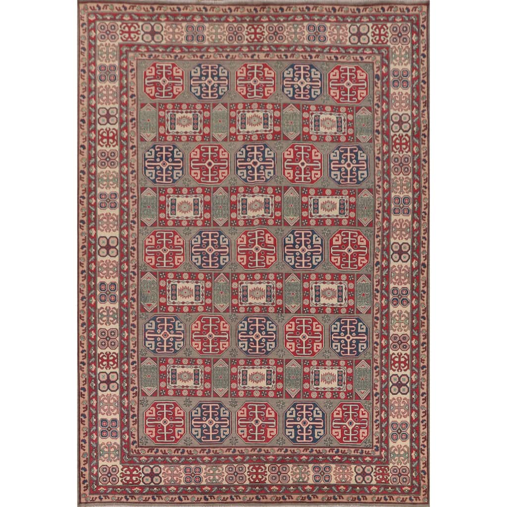 Kazak Oriental Area Rug Hand-Knotted Geometric Wool Carpet - 8'10" x 11'9"