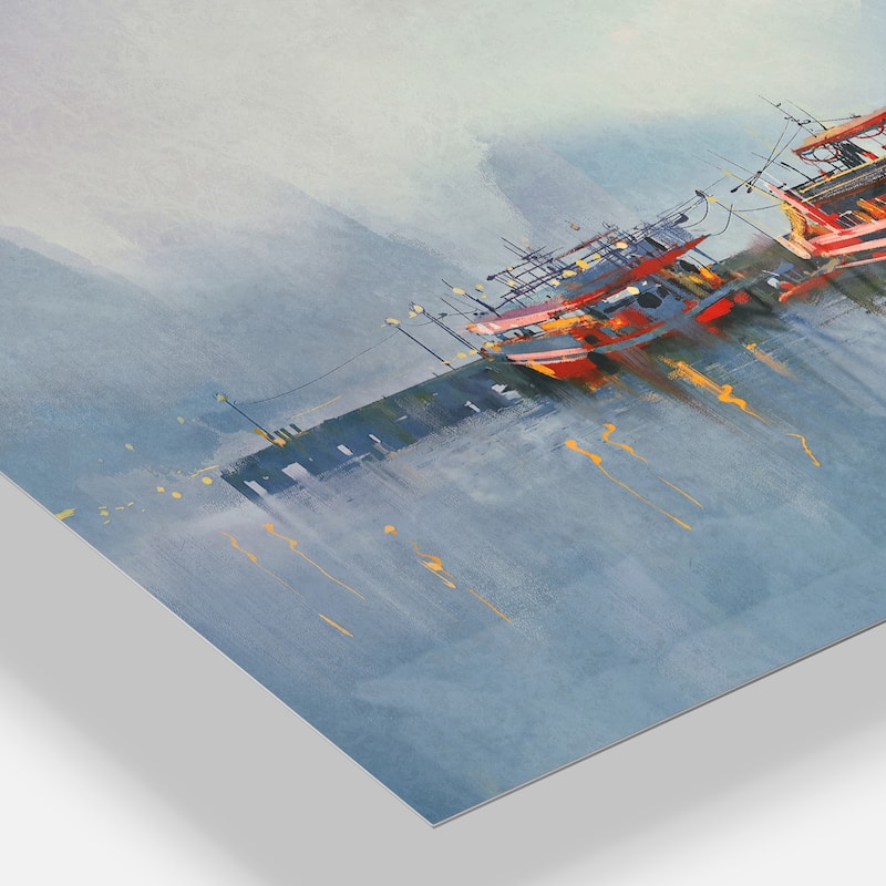 Designart 'Fishing Boats in Harbor' Landscape Metal Wall Art