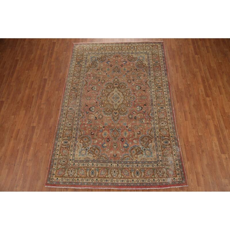 Hand Knotted Oriental 100% Wool Carpet Traditional Floral Pink Mashad Area Rug - 9' 6'' X 6' 3''