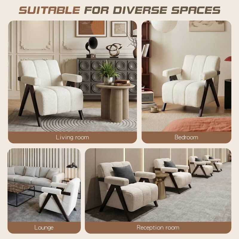 Mid Century Modern Accent Chair, Solid Wood Upholstered Armchair with Wide Backrest and Thick Cushion