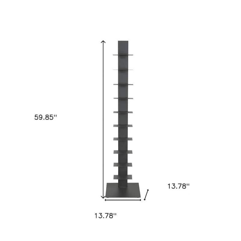 HomeRoots 60" Dark Gray Metal Ten Shelf Modern Tower Bookcase - 13.78" W x 59.85" H x 13.78" D