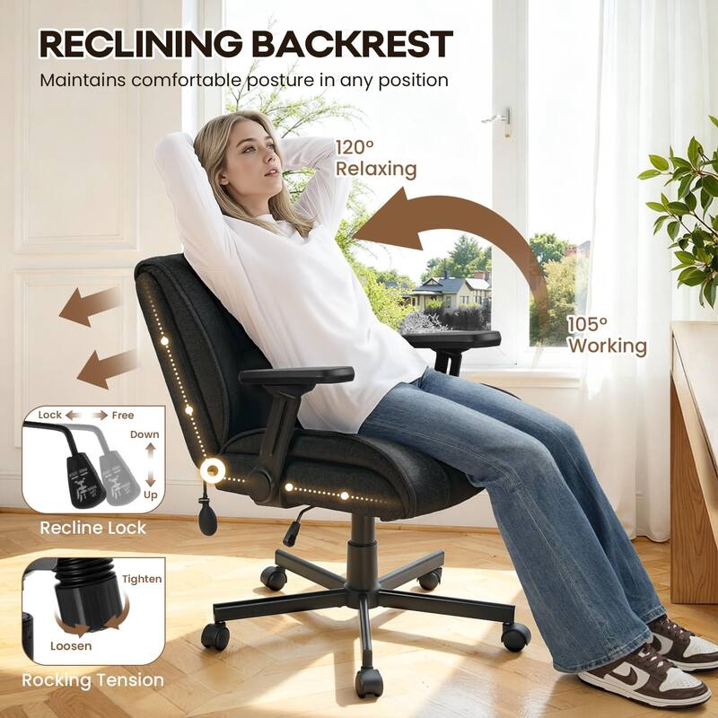 BOSSIN Criss Cross Office Chair with Flip-Up Arms - Wide Seat Desk Chair with Dynamic Airbag Lumbar Support & Wheels
