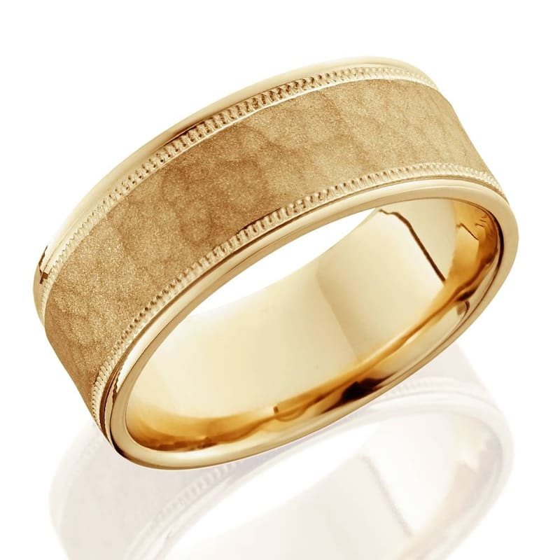 8mm Hammered Mens Wedding Band Yellow Gold