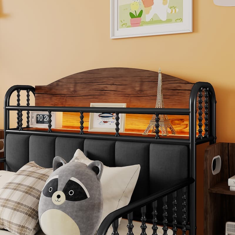 Kids Platform Bed Metal Frame with Linen Fabric Upholstered Storage Headboard Built-in Light Strip, Both Sides Rails