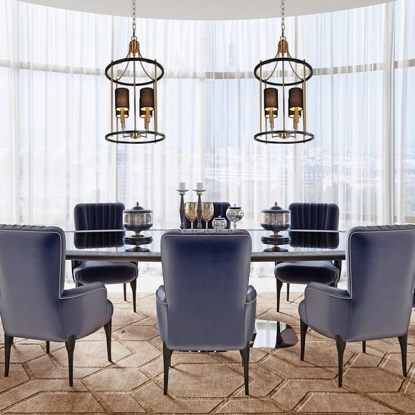 slide 2 of 12, Evaie Modern Farmhouse 4-light Candle Chandelier Dimmable with Black Fabric Shade - D13.5'' x H88'' D13.5'' x H88'' - Black-gold