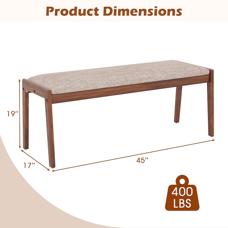 Natural Rubber Wood Dining Bench with Beige Faux Linen Padded Seat and Anti-Slip Pads - 45" L x 17" W x 19" H
