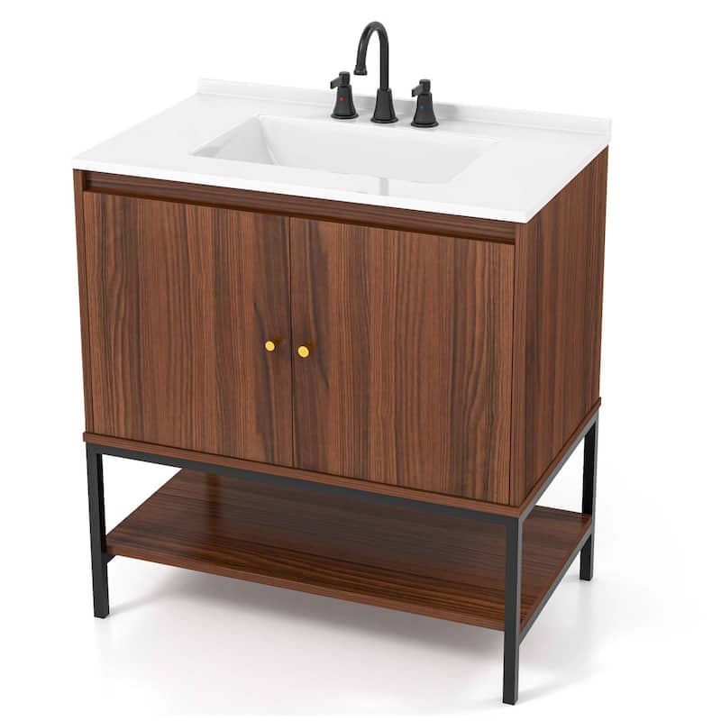 Costway 31" Bathroom Vanity Sink Combo Wooden Bathroom Storage Cabinet - See Details - Walnut - See Details