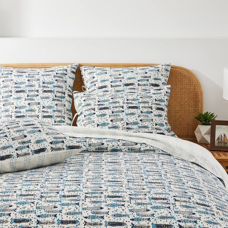 Melange Hand Stitched Kantha Block Print Fish Coverlets and Shams