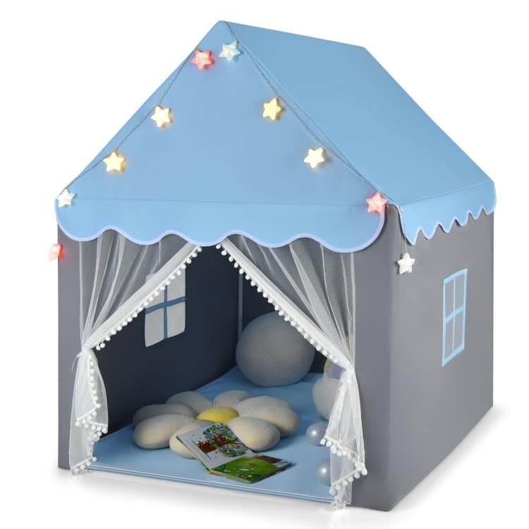 Kids Playhouse Tent with Star Lights and Mat-Blue - 41.5" x 48" x 53.5" (L x W x H)