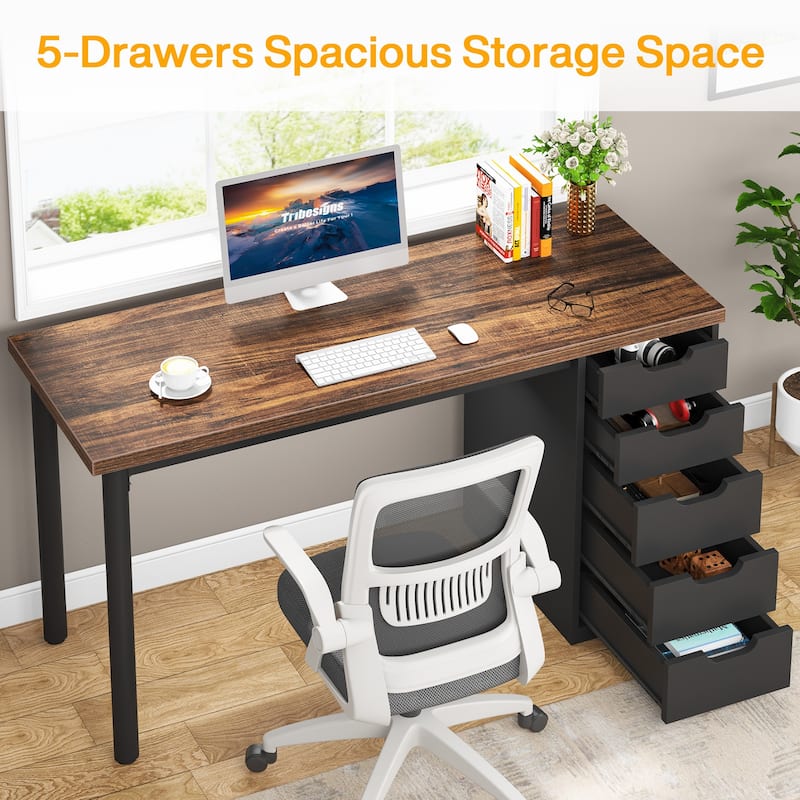 47-inche Computer Desk Study Writing Table with 5 Drawers for Home Office