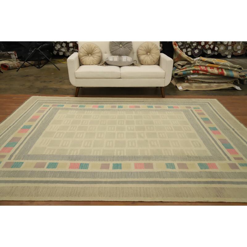 Hand Woven Oriental 100% Wool Carpet Southwestern Tribal Beige & Ivories Kilim Area Rug - 9' 9'' X 7' 10''