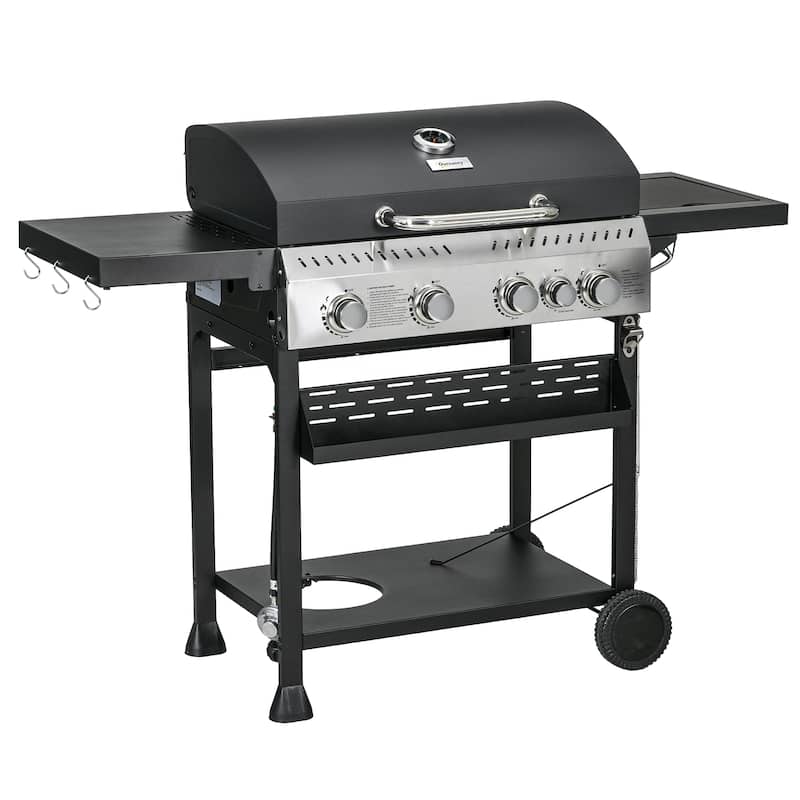 Outsunny 4 Burner Propane Gas Grill with Side Burner, 40,000 BTU Outdoor Barbeque Grill Trolley with 430 sq in Cooking Area
