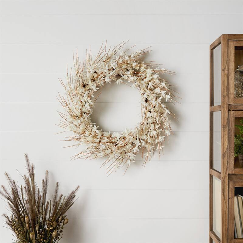 White Blossom Twig Spring Floral Wreath, 25-Inch
