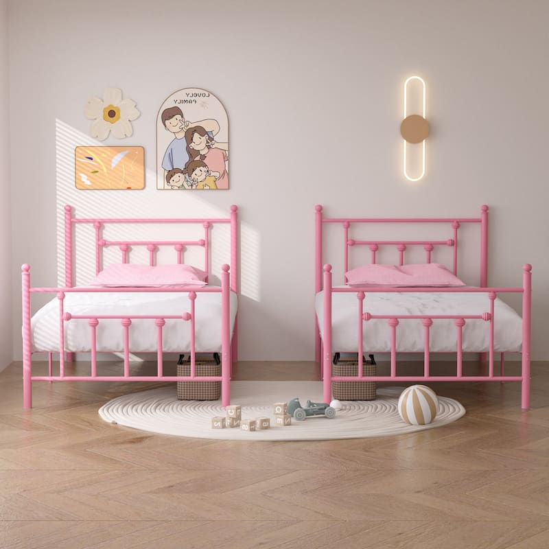 VECELO Modern Metal Platform Bed Frame,Twin Size Bed Set of 2 - Pink