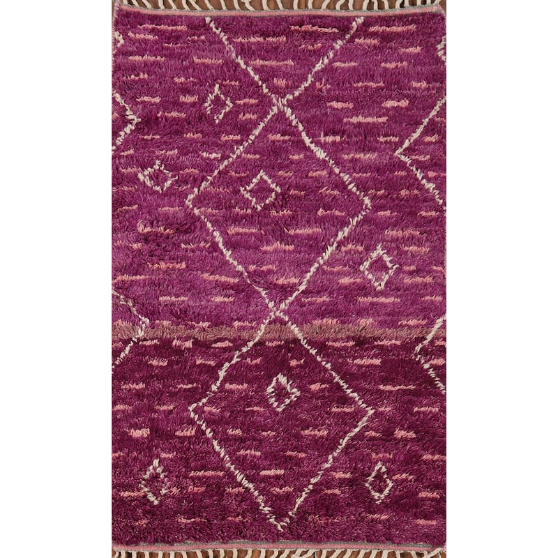Purple Plush Moroccan Oriental Accent Rug Hand-Knotted Wool Carpet - 2'11" x 5'5"