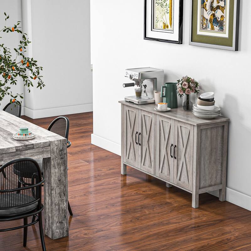 HOMCOM Buffet Cabinet, 47" Sideboard with 4 Barn Doors and 2 Adjustable Shelves, Farmhouse Coffee Bar Cabinet