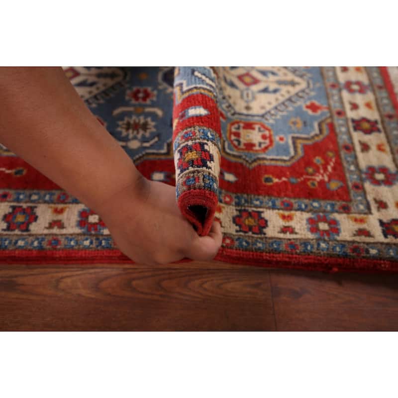 Blue Geometric Kazak Foyer Rug Handmade Traditional Wool Carpet - 2'1" x 2'11"