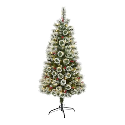 5’ Frosted Swiss Pine Berries Artificial Christmas Tree Warm Clear LED - 5 Foot