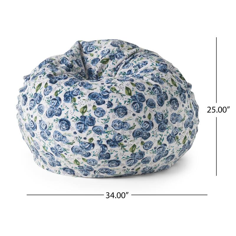Spring 3 Foot Rounded Bean Bag, Comfortable Faux Fur Seating for Bedrooms Blue Rose Print
