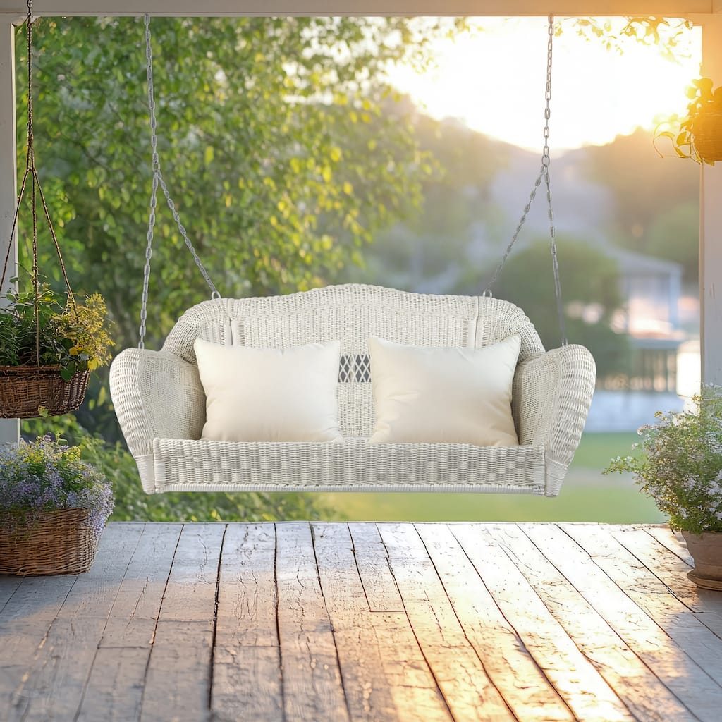 White Hand Woven Resin Wicker Hanging Porch Swing Chain Two Person